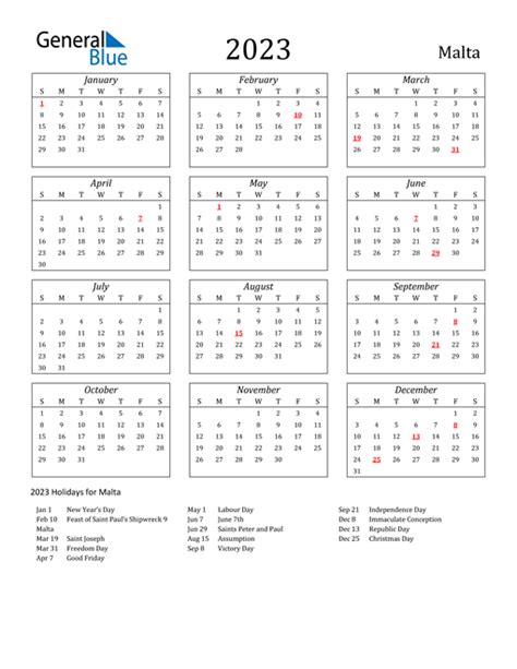 2023 Malta Calendar With Holidays
