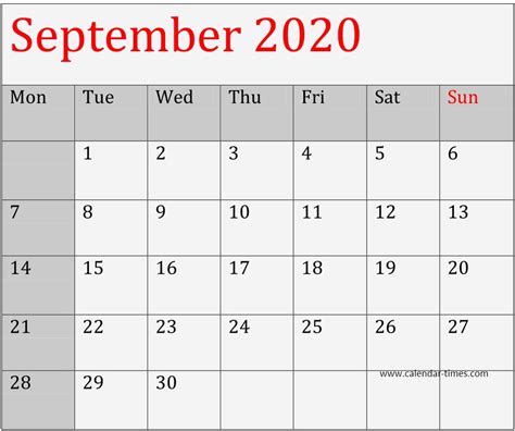 Printable September 2020 Calendar Editable Customizable Template