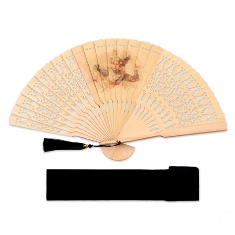 Unicef Market Traditional Dance Themed Mahogany Wood Hand Fan From
