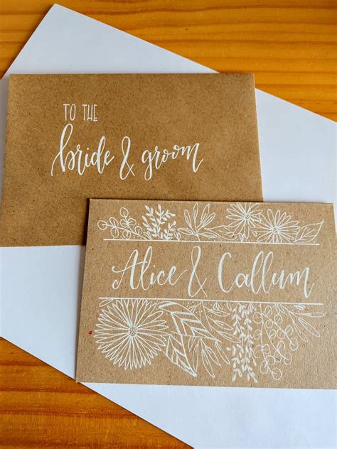 Hand Drawn And Hand Lettered Wedding Card White Ink On Kraft Card
