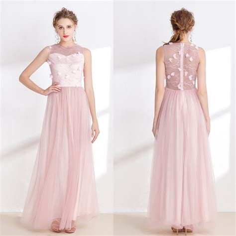 B New Illusion Sleeveless A Line Tulle Nude Pink Maxi Appliques