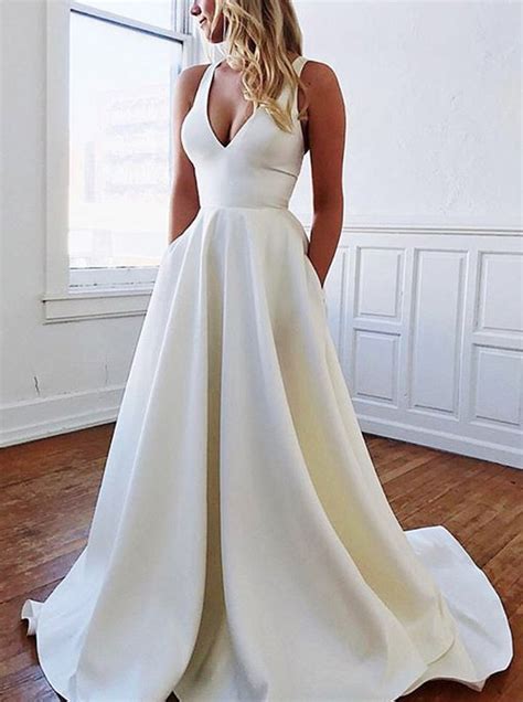 Satin Wedding Dress With Pocketsa Line Simple Wedding Dresswd00424