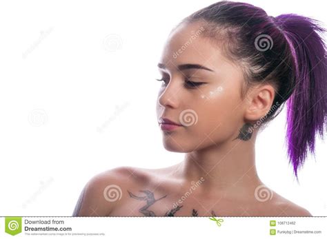 Beautiful Girl With Dyed Hair And Tattooes Posing Stock Photo Image