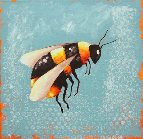 Original Acrylic Canvas Whimsical Bee 5 Painting Blue Background 12 X