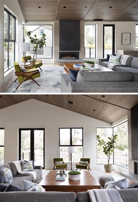 A Wood Ceiling Adds Warmth Inside This Modern Farmhouse Rustic Living