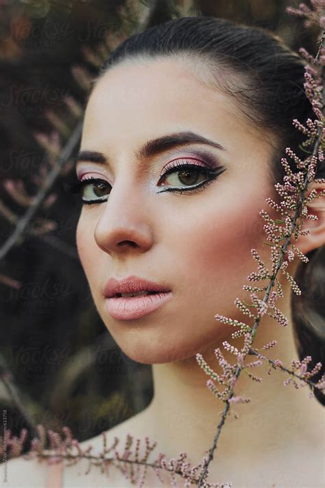 Close Up Portrait Of A Beautiful Girl With Romantic Make Up By