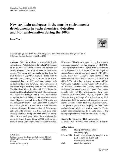 Pdf New Saxitoxin Analogues In The Marine Environment Developments