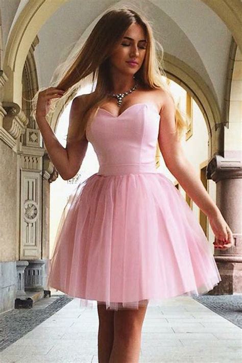 Cute A Line Sweetheart Strapless Tulle Pink Short Prom Dresseshomecoming Dresses Uk On Sale