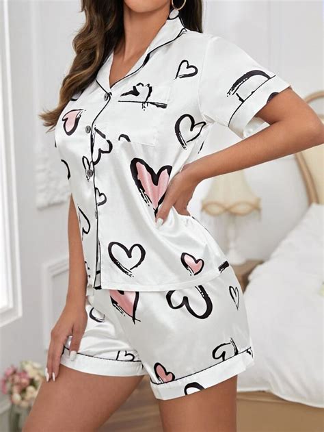Conjunto De Pijama Con Estampado De Corazón Ribete En Contraste De Satén Shein Usa Night Suit