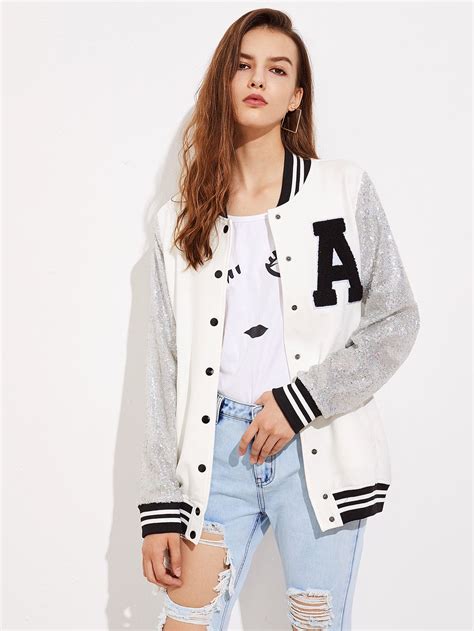 Shop A Patch Sequin Sleeve Stripe Trim Baseball Jacket Online Shein