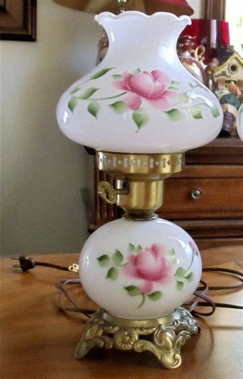 Vintage Mid Century Hand Painted Table Lamp White Milk Glass Floral