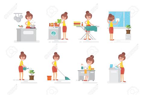 Set Of Woman Housewife Doing Various Household Chores On White Background Stock Vector