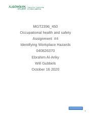 Assignment 4 Identifying Workplace Hazards 1 Docx MGT2396 450