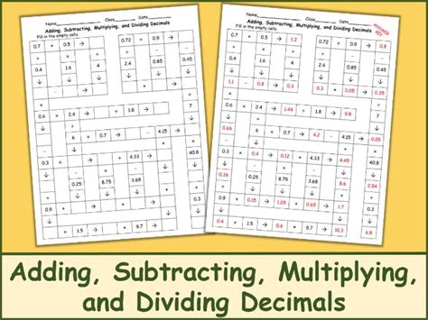 Adding Subtracting Multiplying And Dividing Decimals Crossword