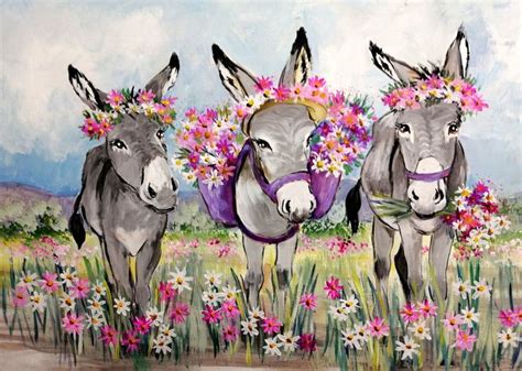 3 Flower Donkeys African Art Paintings Mixed Media Art Canvas
