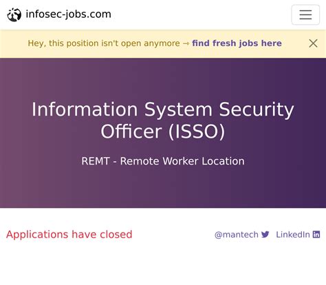 Information System Security Officer Isso At Mantech Remt Remote Worker Location Infosec