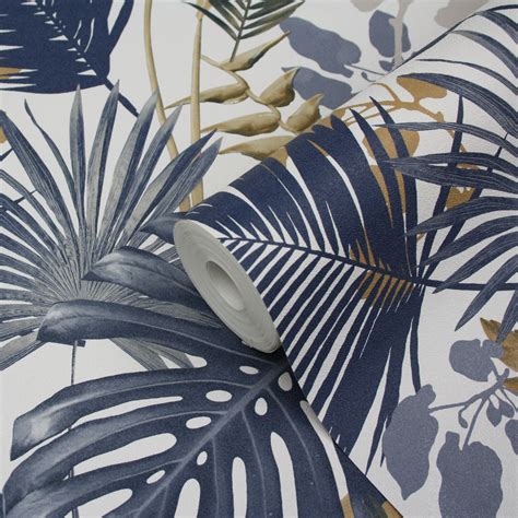 Goodhome Ferula Blue Tropical Leaves Wallpaper Departments Diy At Bandq