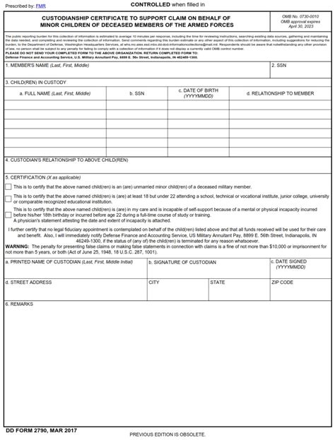 Dd Form 2790 Custodianship Certificate To Support Claim On Behalf Of