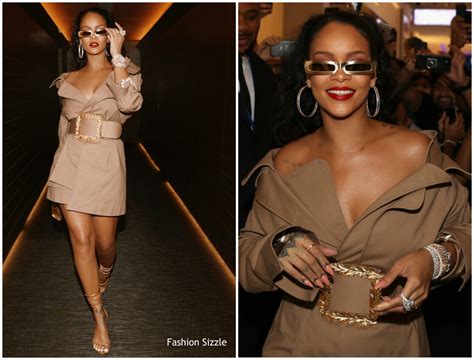 Rihanna In Monse Trenchcoat Promoting Fenty In Dubai