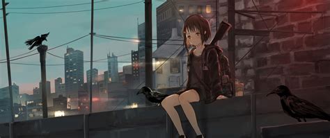 2560x1080 Anime Girl Sitting Alone Roof Sad 4k 2560x1080