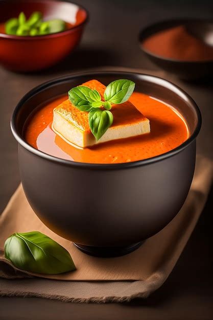 Premium AI Image A Bowl Of Tomato Soup With Basil Leaves On The Side