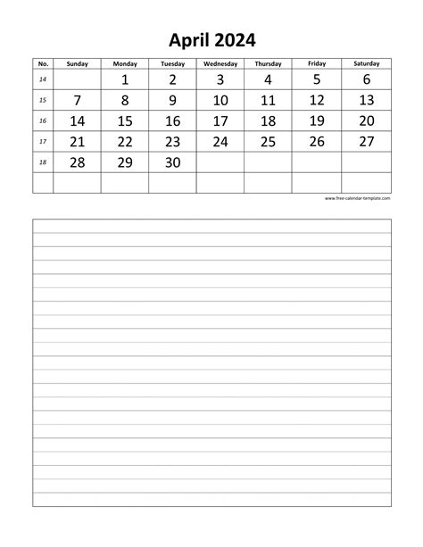 Printable 2024 April Calendar Grid Lines For Daily Notes Vertical