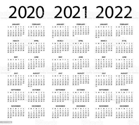 Calendar 2020 2021 2022 Vector Illustration Week Starts On Sunday Stock