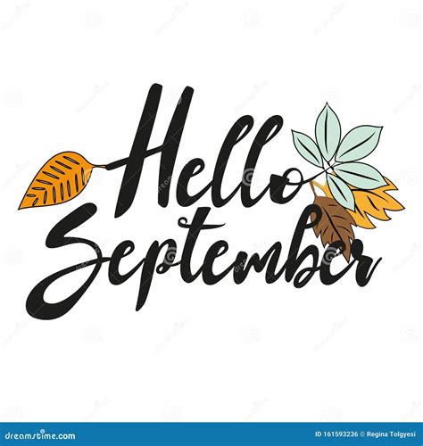 Hello September Autumn Hand Drawn Lettering With Leaves On White