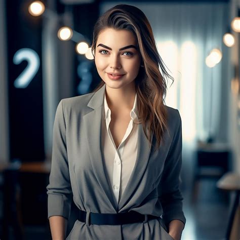 Premium Ai Image A Stylish Businesswoman In A Gray Dress Poses For Camera In Office Background