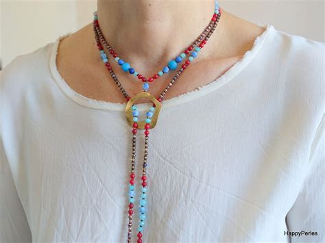 Boho Beaded Lariat Necklace For Women Colorful Gemstone Long Etsy