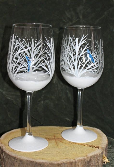 Hand Painted Wine Glasses Winter Snow Set Of 2 Painted Wine Glasses Hand Painted Wine