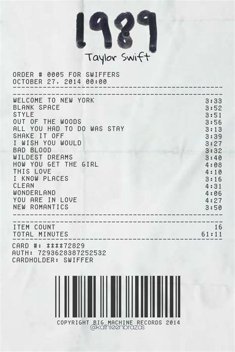 1989 Taylor Swift Album Receipt Taylor Swift Album Taylor Swift