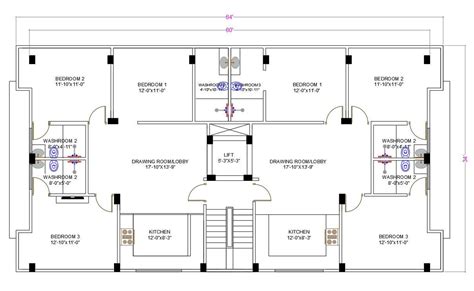 32x64 Feet Apartment 3 Bhk Plan Drawing Dwg File Cadbull