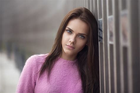 unknown model blue eyes looking at camera brunette girl long hair depth of field close up