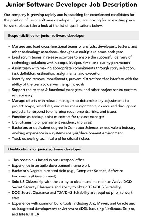 Junior Software Developer Job Description Velvet Jobs