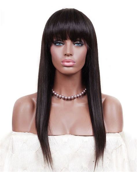 Silky Straight Synthetic Hair Glueless Lace Front Wigs With Bangs Fringe Natural Black 20 30inch