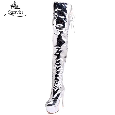 Sgesvier Patent Leather Sexy Thigh High Heel Boots Winter Women Over The Knee Boots Night Club