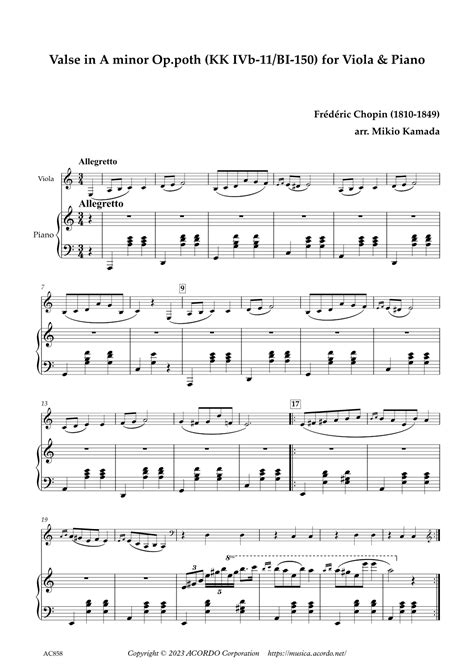 Valse In A Minor Oppoth Kk Ivb 11bi 150 For Viola And Piano Sheet Music Chopin Frederic