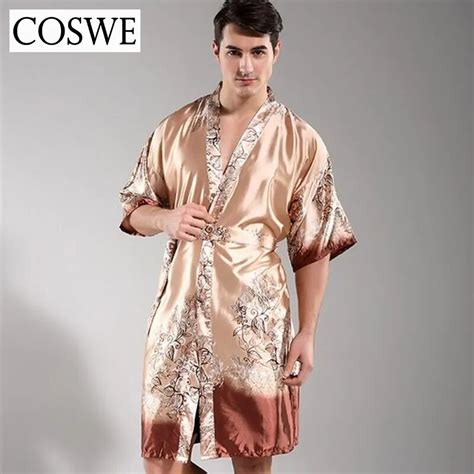 Coswe New Men Satin Silk Robes For Mens Bathrobe Printed Pijamas
