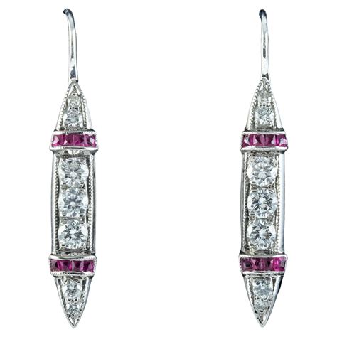 18ct White Gold Square Ruby And Diamond Drop Stud Earrings For Sale At