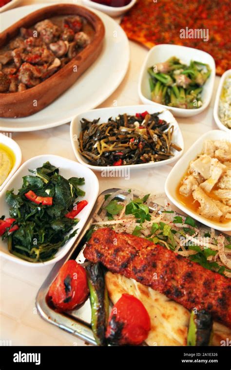 Turkish Kebab And Turkish Appetizer Foods On The Restaurant Table Stock