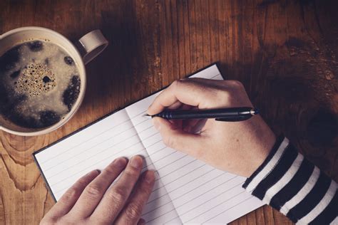 Woman Drinking Coffee And Writing A Diary Note Cup