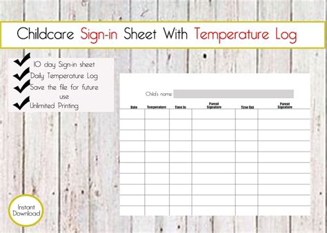 Childcare Temperature Log Parent Sign In Sheet Daycare Sign In And