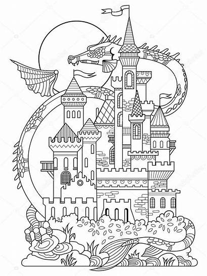 Coloring Dragon Castle Illustration Vector Adult Fairy