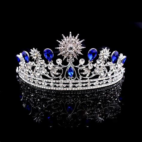 Royal Blue And Silver Crystal Bride Crown For Wedding Princess Jewelry