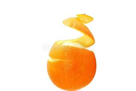 Orange Fruit Half Peeled Spiral Skin Isolated On White Background Stock