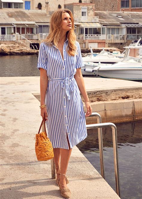 Blue White Striped Button Front Shirt Dress With Tie Waist Striped