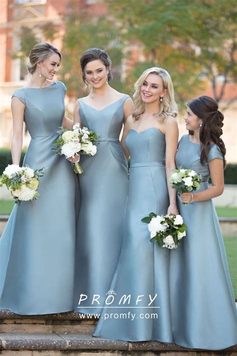 Sleek Dusty Blue Satin Elegant Mismatched Long Bridesmaid Dresses Cap Sleeves Boat Neckline V