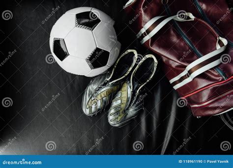 Flat Lay Soccer Football Accessories On A Dark Leather Background Mock