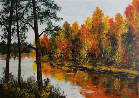 Colorful Autumn Landscape Original Oil Painting Forest River Modern